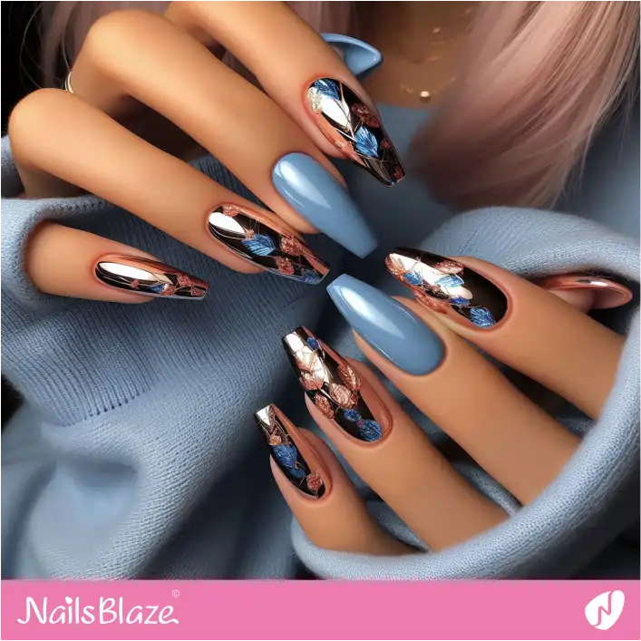 Rose Gold and Blue Nails Design | Foil Nail Art - NB4072